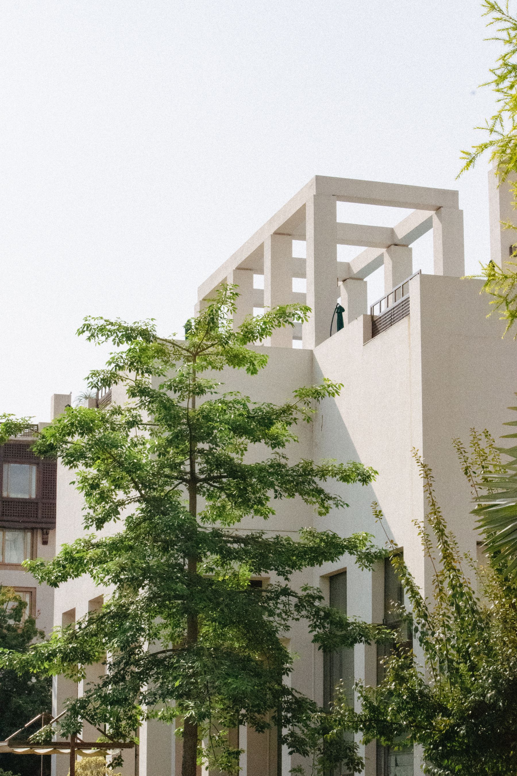 White residential building in Islamabad framed by trees