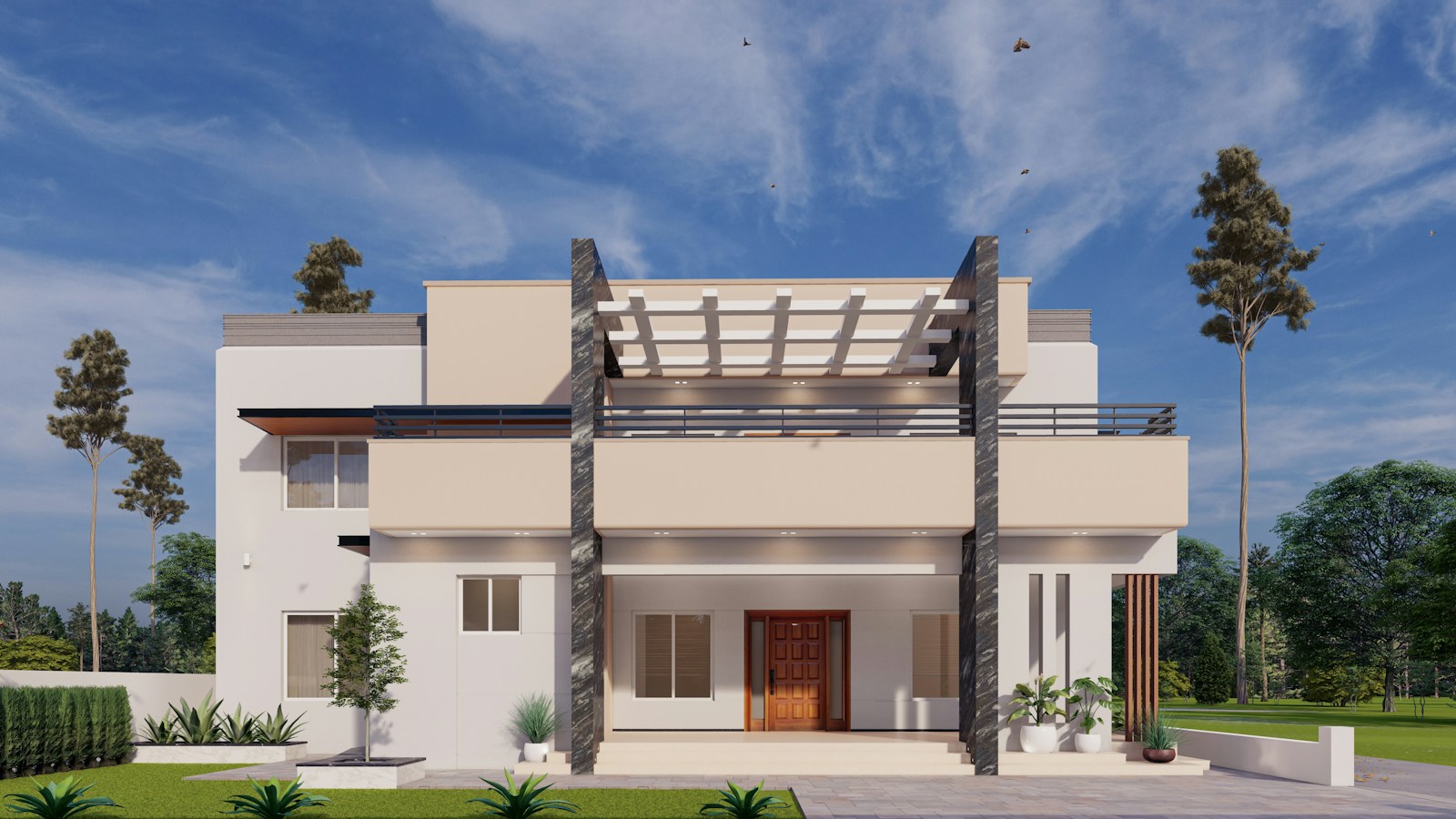 Architectural visualization of a modern double-storey house with a pergola and front garden